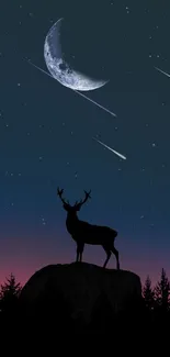 Silhouette of a deer under a starry night sky with a crescent moon.