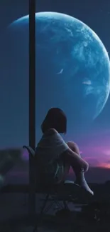 Woman gazes at a large moon through the window, in a serene night sky scene.