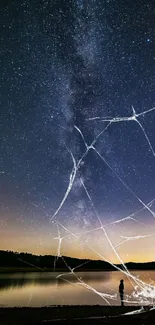 A mesmerizing starry sky over a calm lake reflecting the nightscape.