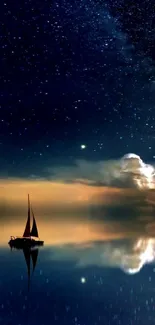 Serene nighttime wallpaper with a sailboat under a starry sky reflecting on water.