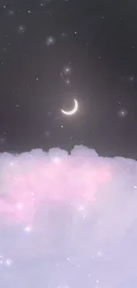 Serene night sky with crescent moon and pink clouds.