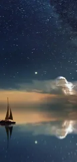 Sailboat under a starry night sky reflecting on serene waters.