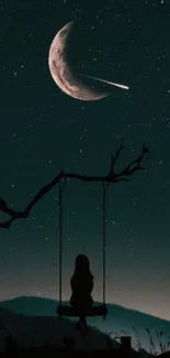 Silhouette on swing beneath crescent moon and shooting star in night sky.