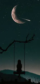 Silhouette on swing under crescent moon with shooting star.