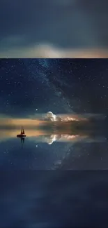 Sailboat reflected on calm water under a starry night sky.