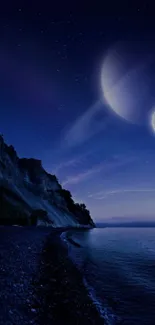 Serene night sky with planets over a tranquil ocean.