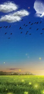 Peaceful night sky with clouds, birds, and fireflies.