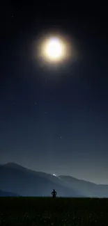 Silhouetted figure under moonlit night sky with stars and dark blue horizon.