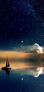 Serene night sky with sailboat on calm waters reflecting stars.