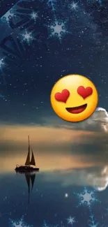 Sailboat under starry night sky with playful emoji and winter patterns.