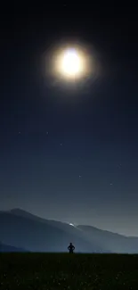 Silhouetted person under full moon in a serene night landscape.