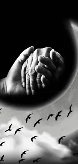 Hands holding in night sky with birds and moon in black and white design.