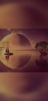 Serene night sky with moon and sailboat reflected on water.