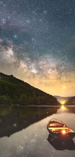 Night sky over serene lake with boat reflecting under stars.