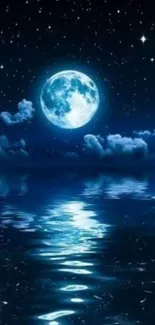 Serene night sky wallpaper with moon and stars over water.