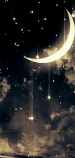 Crescent moon with stars on a serene night sky wallpaper.