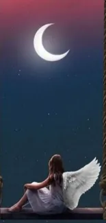 Angel on swing under crescent moon in serene night sky scene.