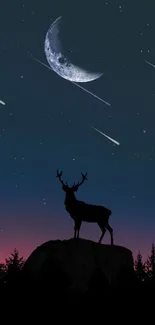 Deer silhouette with crescent moon and shooting stars in the night sky.