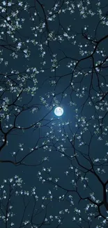 Night sky with tree branches and a full moon.