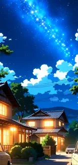 Animated night sky with stars over houses.