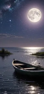 A serene night scene with a boat on a moonlit lake under a starry sky.