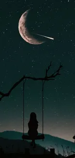 Calming night sky with crescent moon, stars, and silhouette on swing.