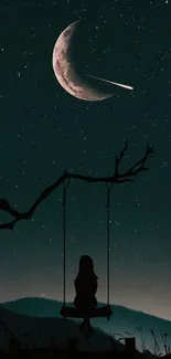 Silhouette on swing beneath crescent moon and shooting star in night sky.