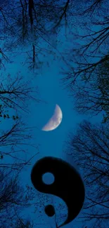 Night sky wallpaper with crescent moon and tree silhouettes.