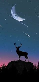 Deer silhouette under a starlit sky with a crescent moon and shooting stars.