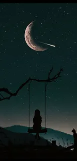 Silhouette on swing under crescent moon and starry sky.