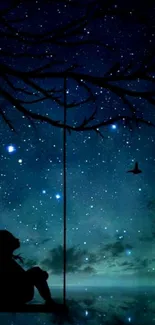 Girl on swing under starry night sky wallpaper.