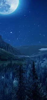 Serene night sky with glowing full moon over landscape.