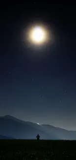 A serene night sky with a full moon over a silhouette landscape.