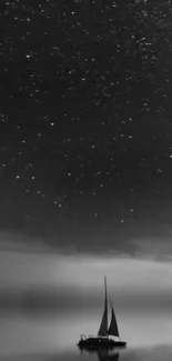 Sailing boat under a starry black and white night sky.