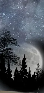 Serene night sky wallpaper with moonlit forest silhouette.