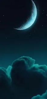 Crescent moon and starry sky with clouds at night.