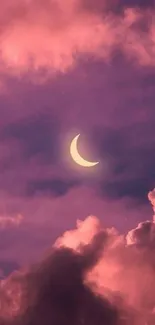 Crescent moon and pink clouds night sky wallpaper.