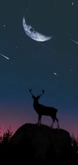 Deer silhouette on hill under a moonlit and starry night sky.