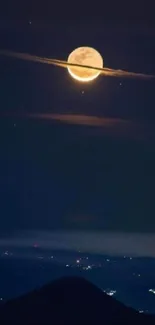 Moonlit night sky over serene mountains.