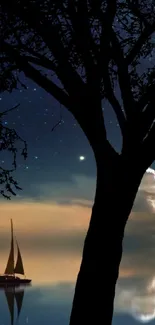 Sailboat under a starlit night sky with a silhouetted tree.