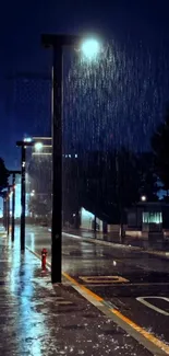 Rainy night street with glowing lights and wet pavement.