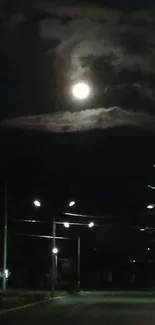 Serene night scene with moonlit road and streetlights.