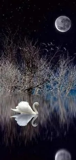 A swan reflects on a moonlit lake with starry night and trees.