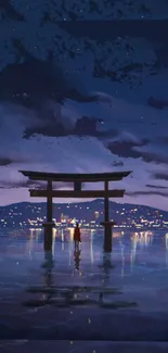 Serene torii gate against a night sky with city lights reflecting on water.