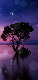 Starry night sky with tree and water reflection wallpaper.