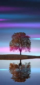 Lone tree reflecting in a serene, starry night sky over water.