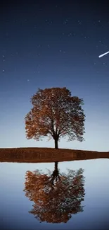 A lone tree under a starry night sky reflected in a calm lake.