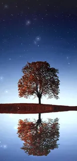 Lone tree reflected in calm water under a starry night sky.