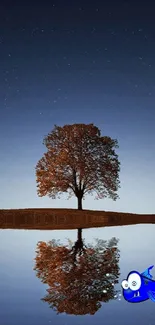 Peaceful night scene with tree reflection in a lake under starry sky.