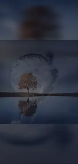 Serene night scene with tree reflecting on moonlit water.